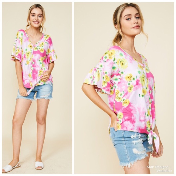 🛍LAST 1! Tie Dye & Floral Ruffle Self Tie Top! - Picture 4 of 4